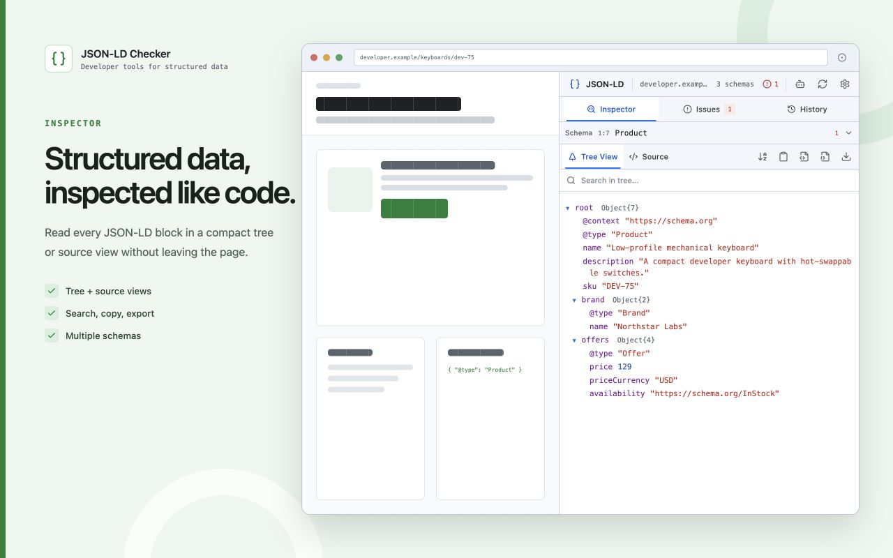 JSON-LD Checker inspector displaying Product structured data