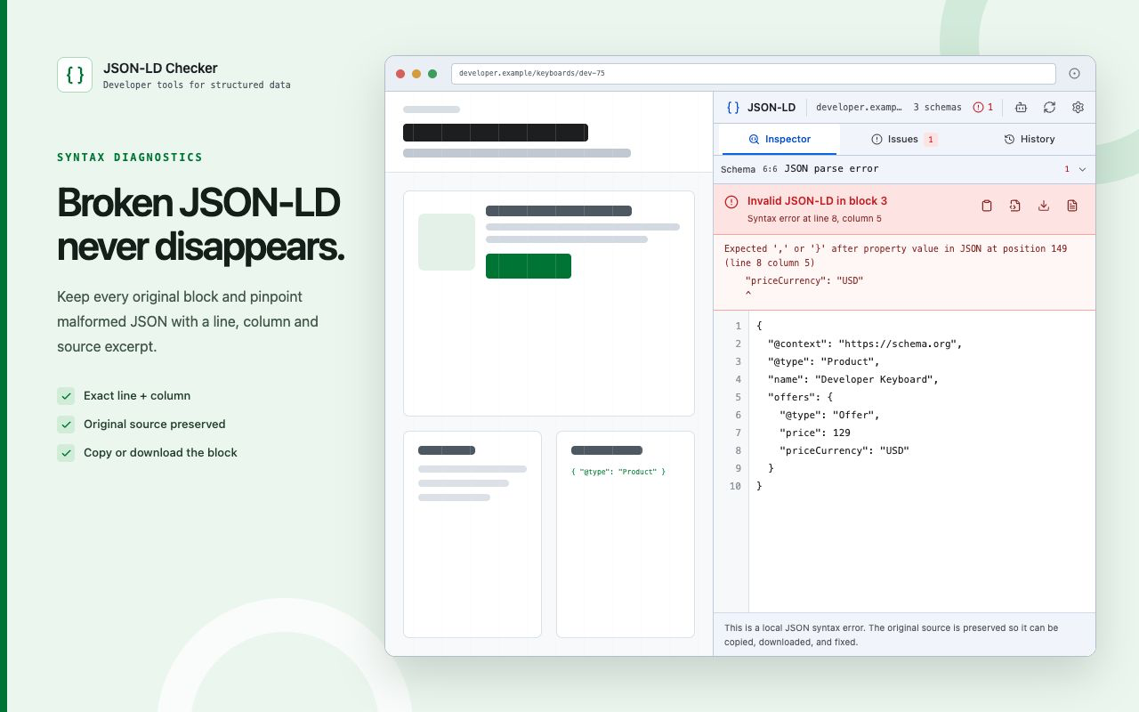 Malformed JSON-LD with an exact line and column
